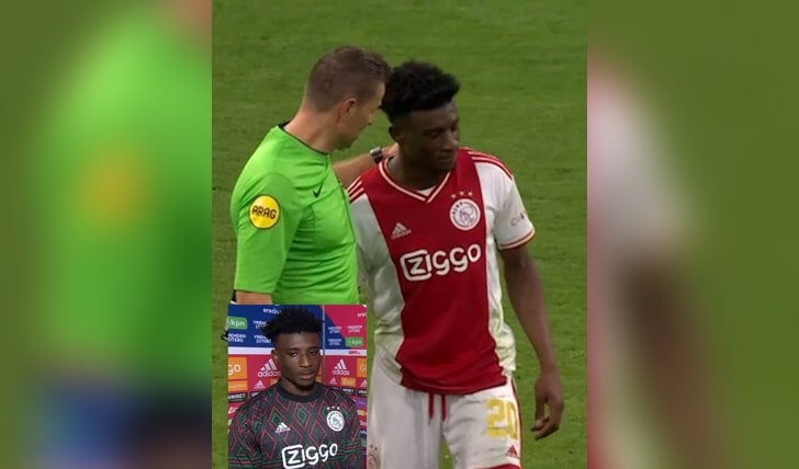 Pol van Boekel in gesprek met toenmalig Ajax-voetballer Mohammed Kudus: eerbetoon, geen geel.   