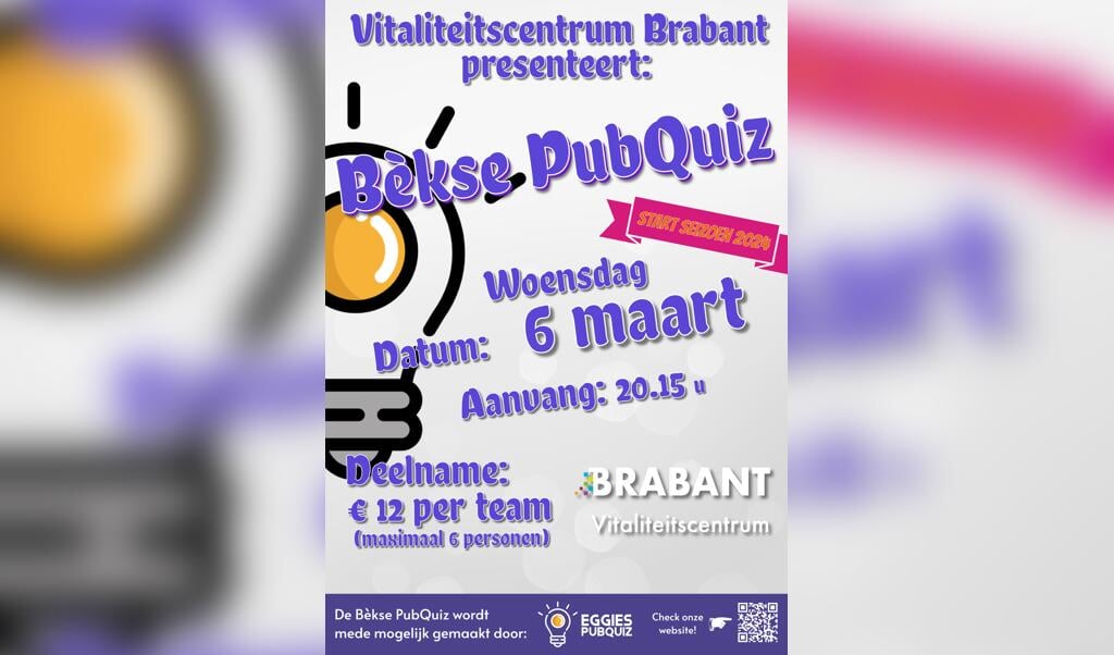 De eerste Bèkse PubQuiz van 2024 wordt op 6 maart gehouden in Vitaliteitscentrum Brabant. 