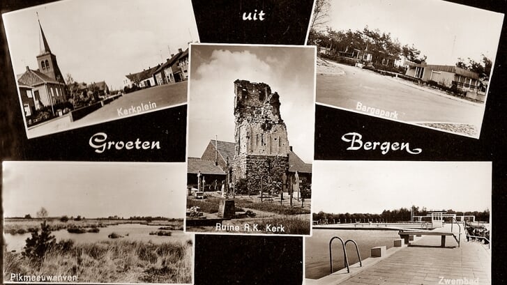Een ansichtkaart met 'De groeten uit Bergen'