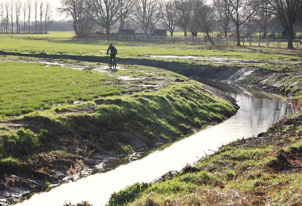 Een mountainbiker fietst langs de Loobeek tussen de Beekweg en Merselo.  