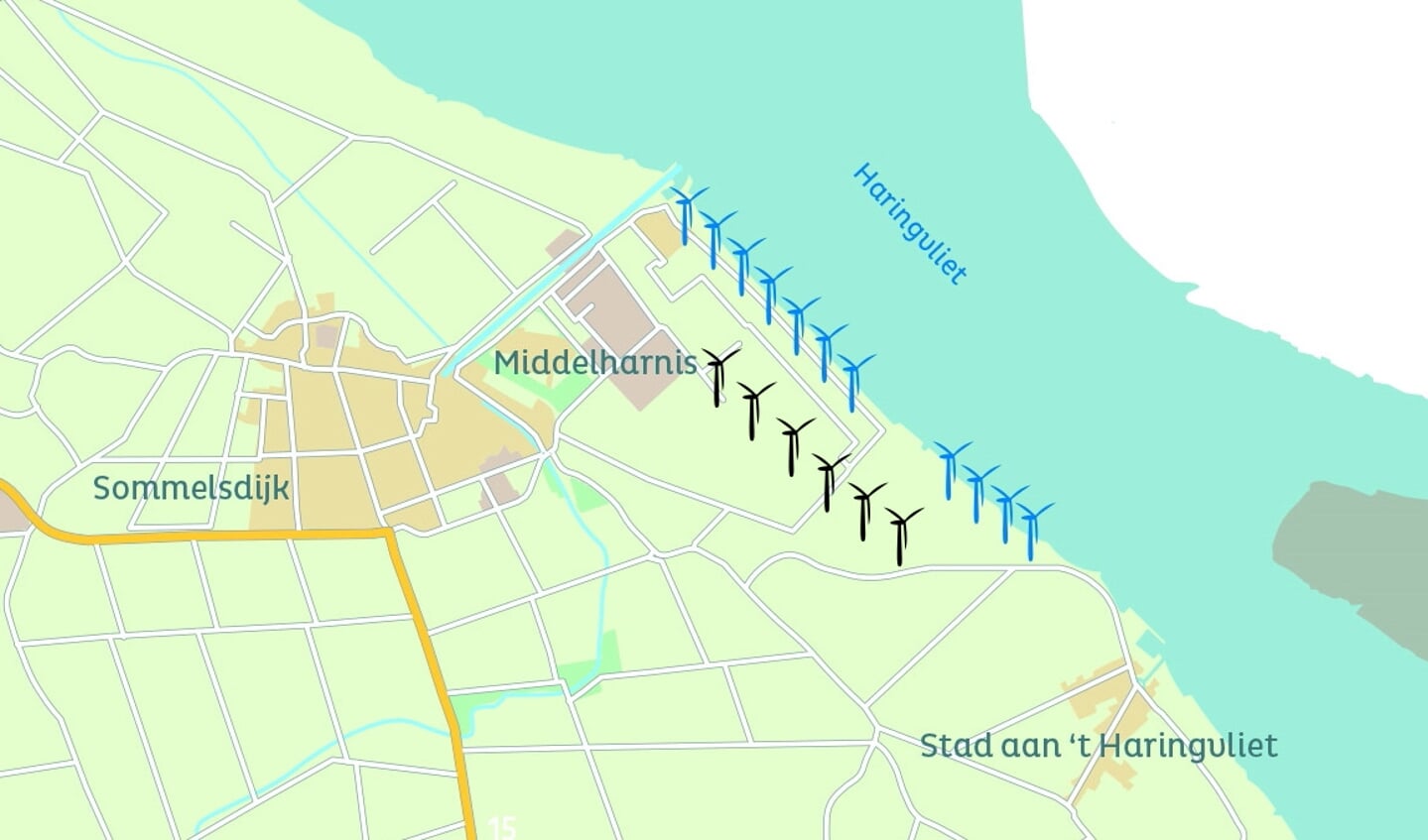 Kaart met in het blauw de bestaande windmolens langs het Haringvliet en in het zwart de zes nieuwe windmolens. Tussen de nieuwe windmolens worden ze zonnepanelen en batterijen geplaatst.