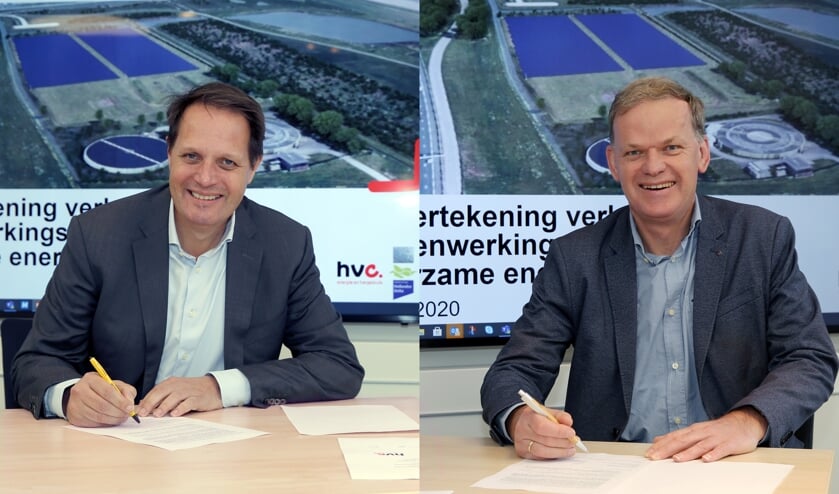 Links Arjan ten Elshof (HVC) en rechts Leo Stehouwer (waterschap Hollandse Delta).