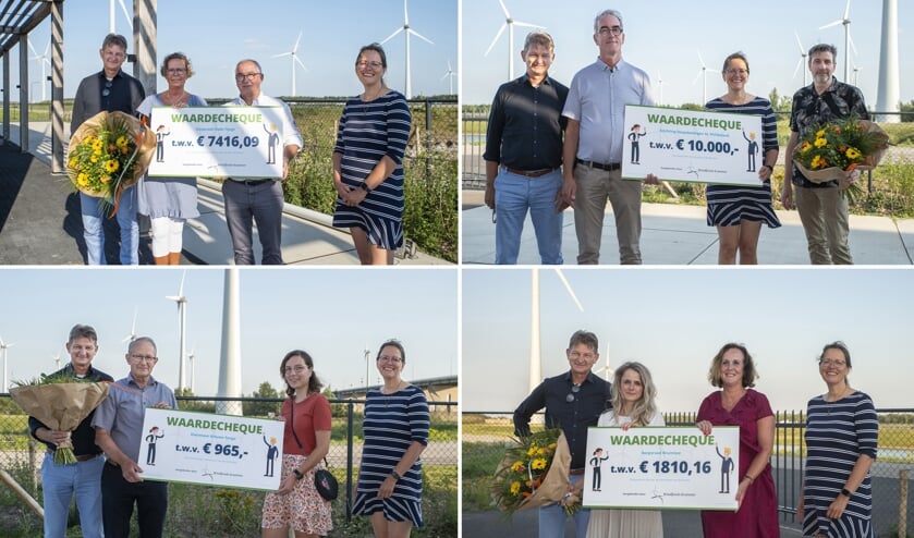 De chequeoverhandigingen van Windfonds Krammer aan: linksboven Dorpsraad Oude-Tonge, rechtsboven Stichting Dorpsbelangen Sint Philipsland, linksonder Dierenwei Nieuwe-Tonge en rechtsonder Dorpsraad Bruinisse.