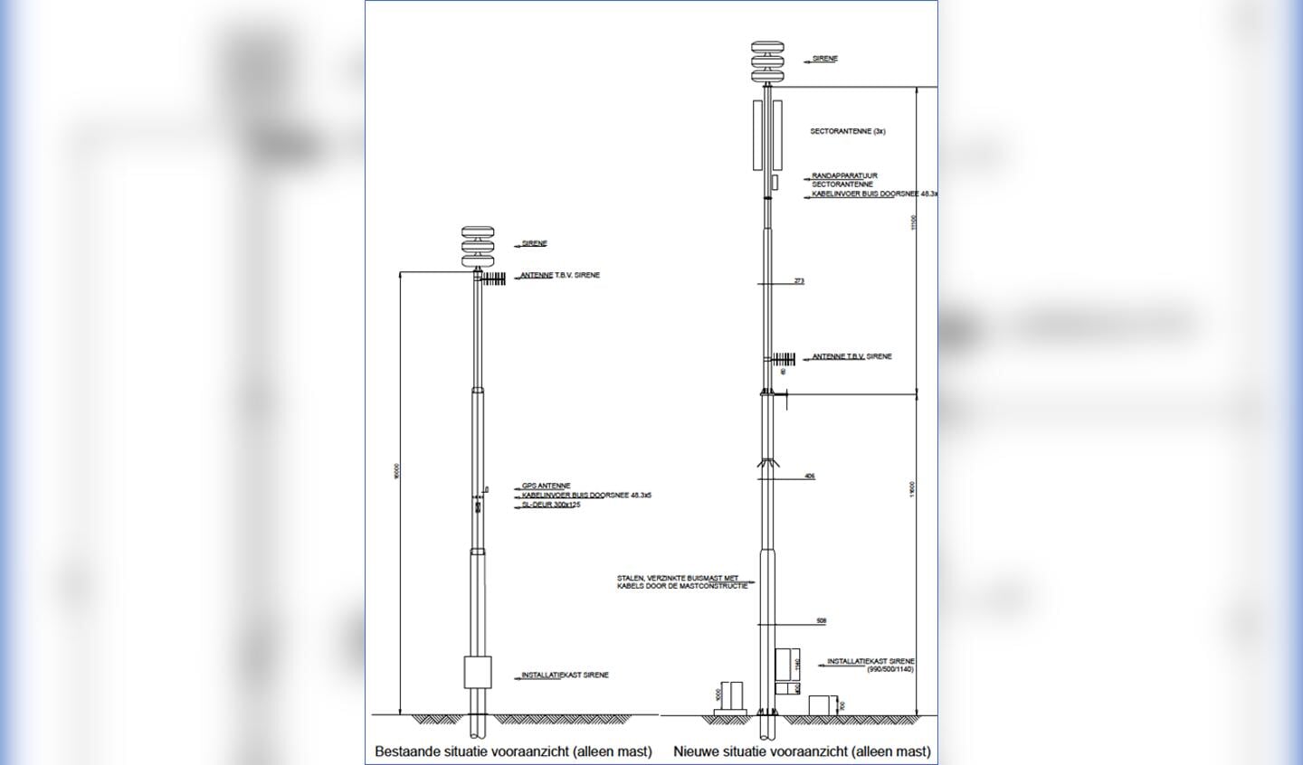 In deze figuur ziet u een tekening van de huidige mast aan en de geplande nieuwe mast.