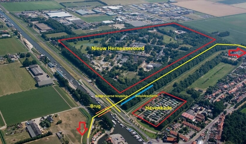<p>Impressie hoe de ontsluitingsweg (gele lijn) zou kunnen lopen in de voorkeursvariant en waar de brug of tunnel zou kunnen komen. Deze afbeelding is afkomstig van de Werkgroep kanaalkruising Middelharnis.</p>