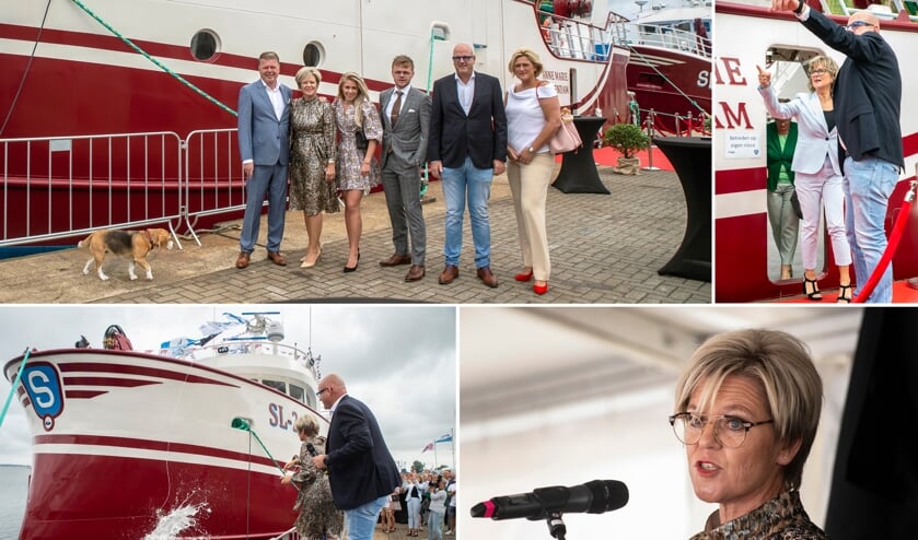 <p>De doop van de SL-26 ‘Anne Marie’ (linksonder). De vissersfamilie Van Seters met rechts het scheepsbouwersechtpaar Padmos (linksboven). Directeur Leon Padmos van Machinefabriek Padmos geeft burgemeester Ada Grootenboer-Dubbelman uitleg bij het schip (rechtsboven). Spreekster Anne Marie van Seters (rechtsonder).</p>