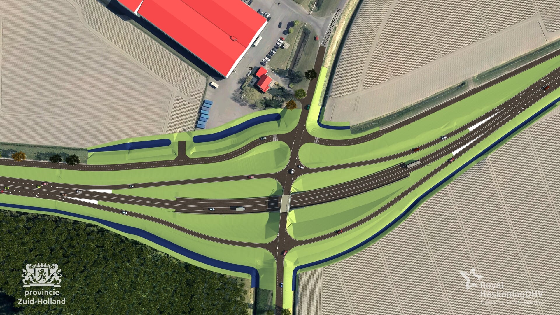 De kruising van de N215 met de Oudelandsedijk bij Nieuwe-Tonge. (Beeld: provincie Zuid-Holland)