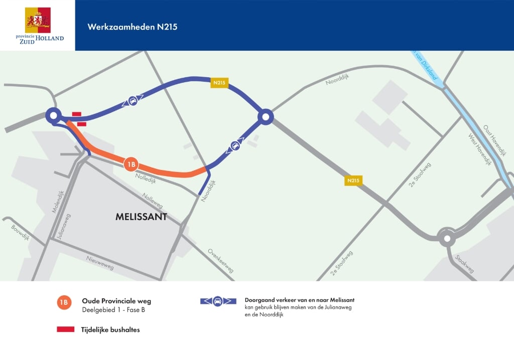 Overzicht van de huidige omleiding door de werkzaamheden aan de N215 (Beeld: gemeente Goeree-Overflakkee).