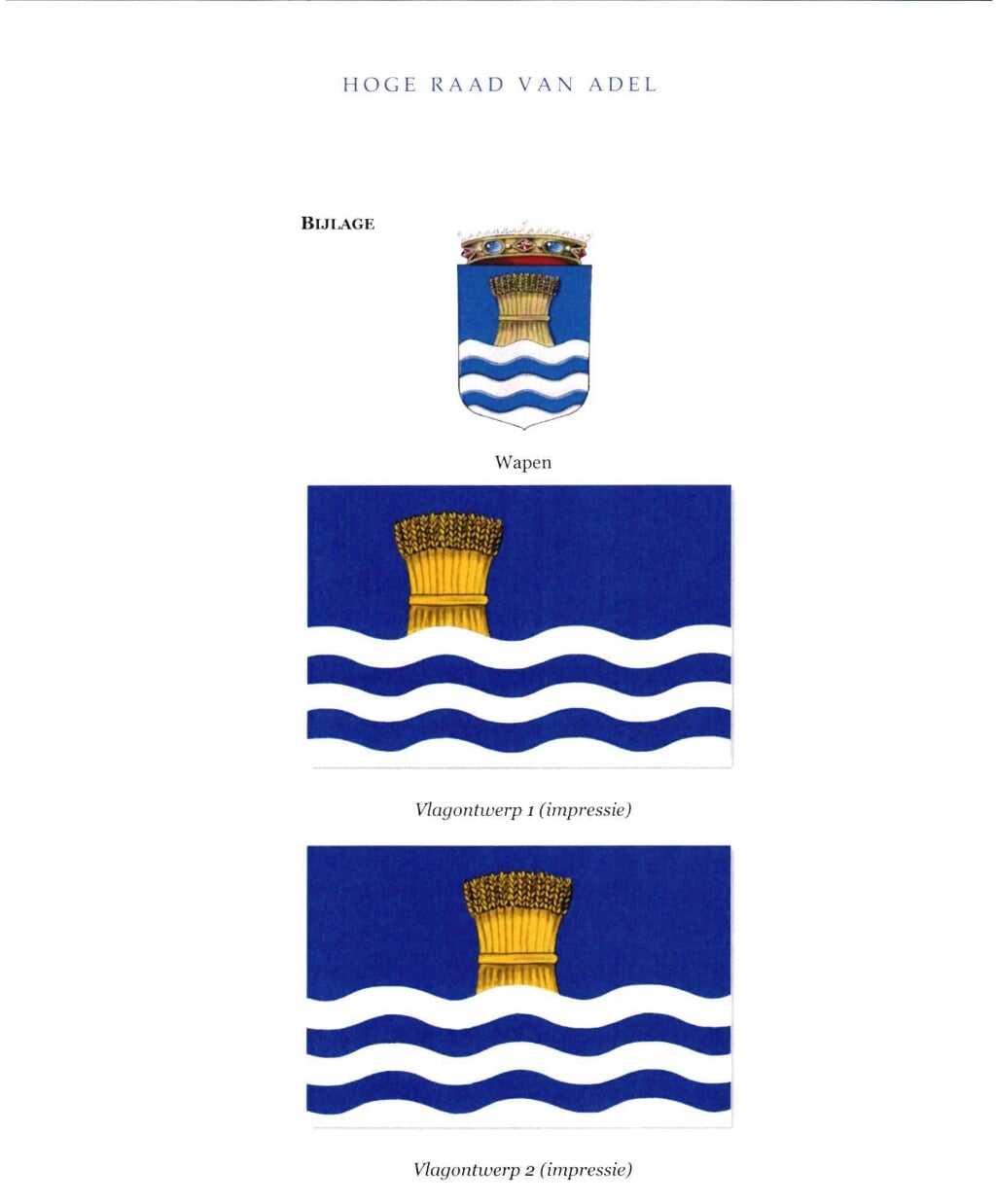 De door de Hoge Raad van Adel voorgestelde vlag met erboven het gemeentewapen.