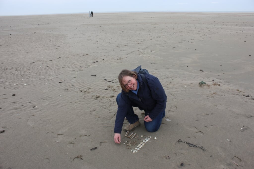 Katie van der Wende sorteert de schelpen die ze gevonden heeft.