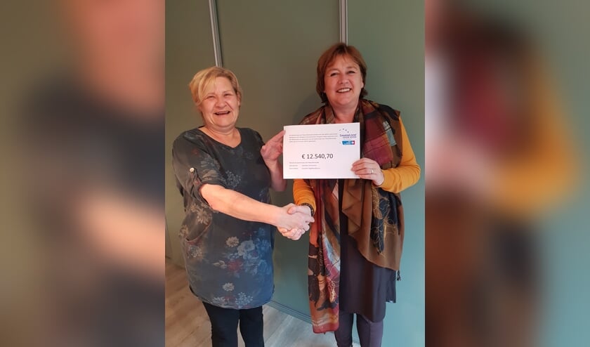 Joke de Smit (links) kon namens de Samenloop organisatie en Wilma Vermunt van het inloophuis Kennemerland.