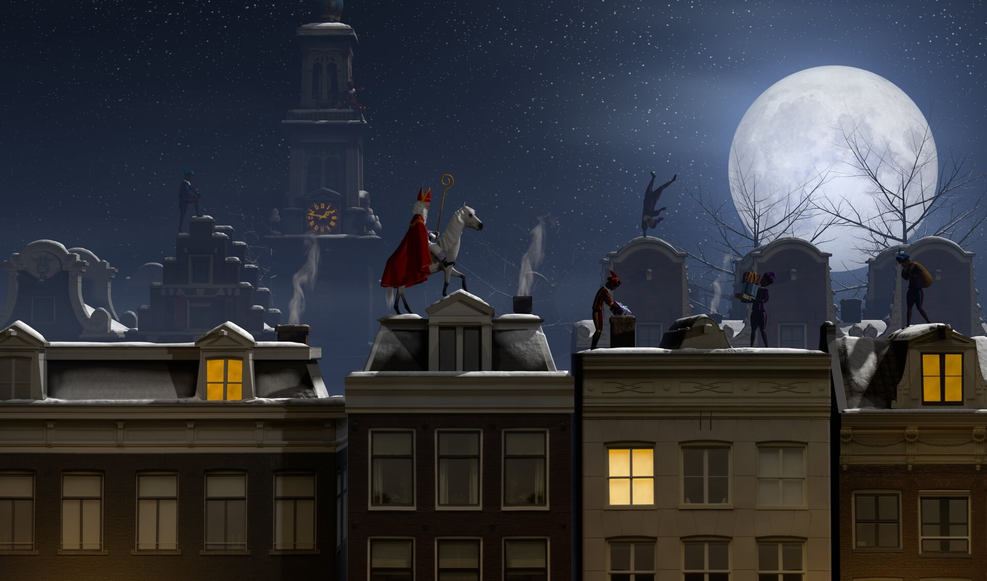 Sinterklaas and the Pieten on the rooftops at night, a scene for the traditional Dutch holiday 'Sinterklaas', 3d render.