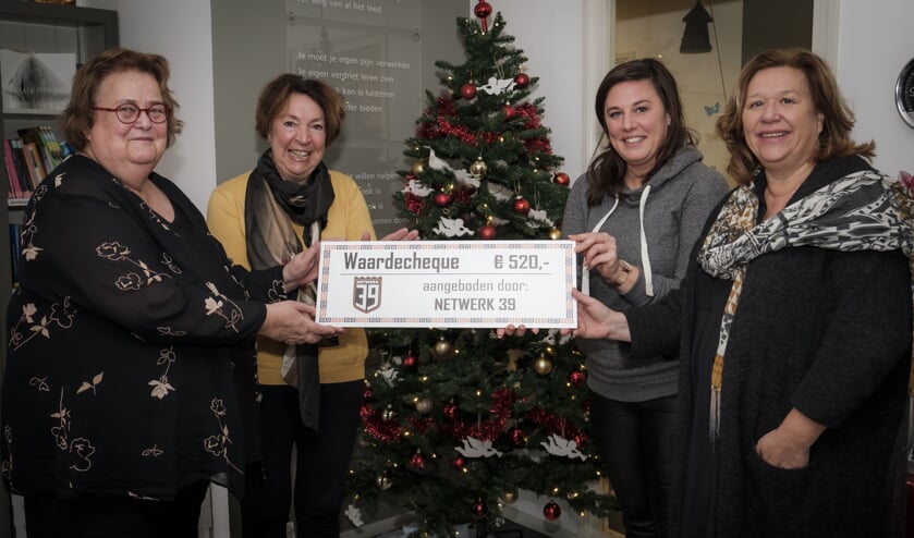 De overhandiging van de cheque voor het Inloophuis.