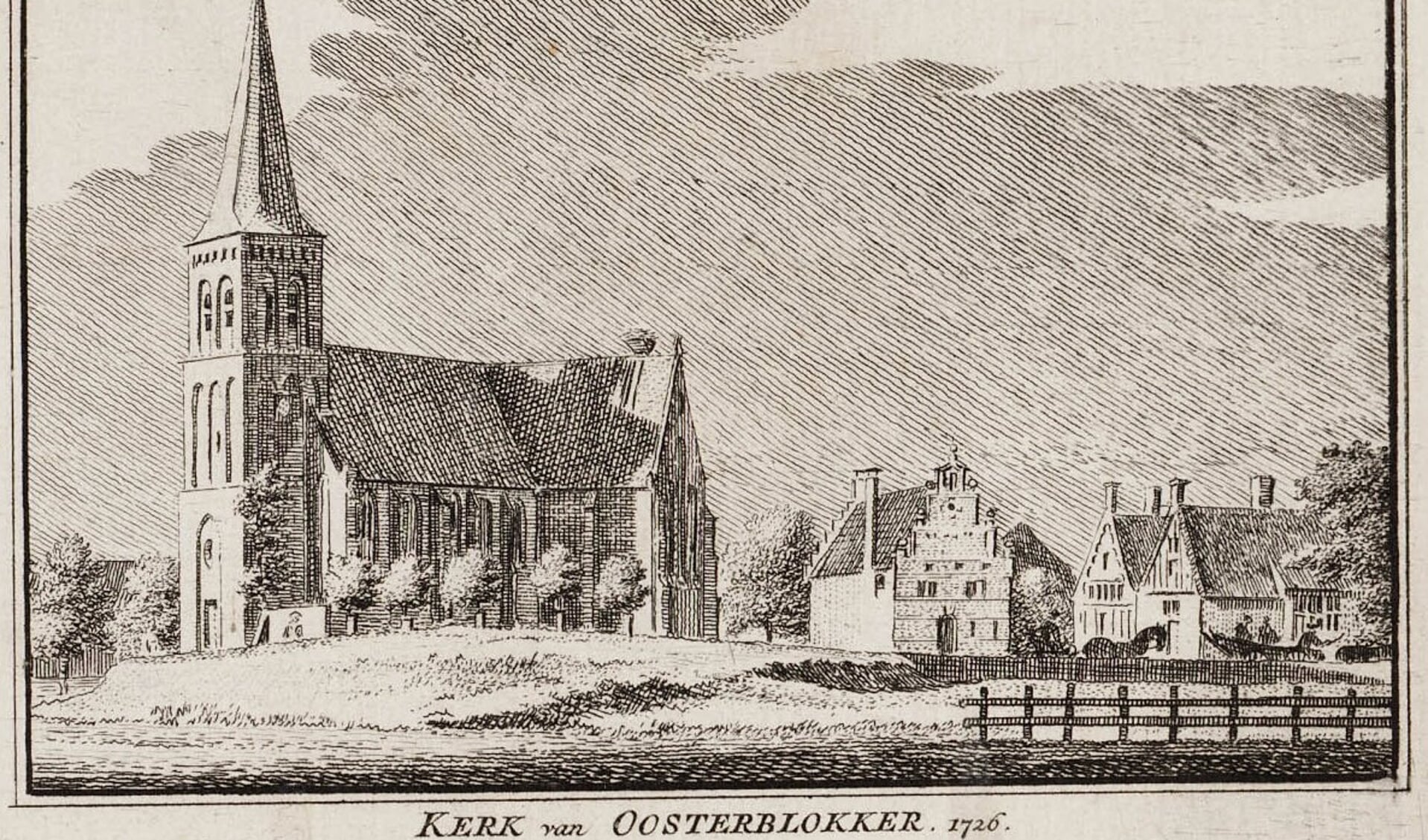 Het rechthuis van de stede Westwoud (met trapgevel) stond naast de kerk van Oosterblokker. Ets van Henricus Spilman naar een tekening van Cornelis Pronk. 