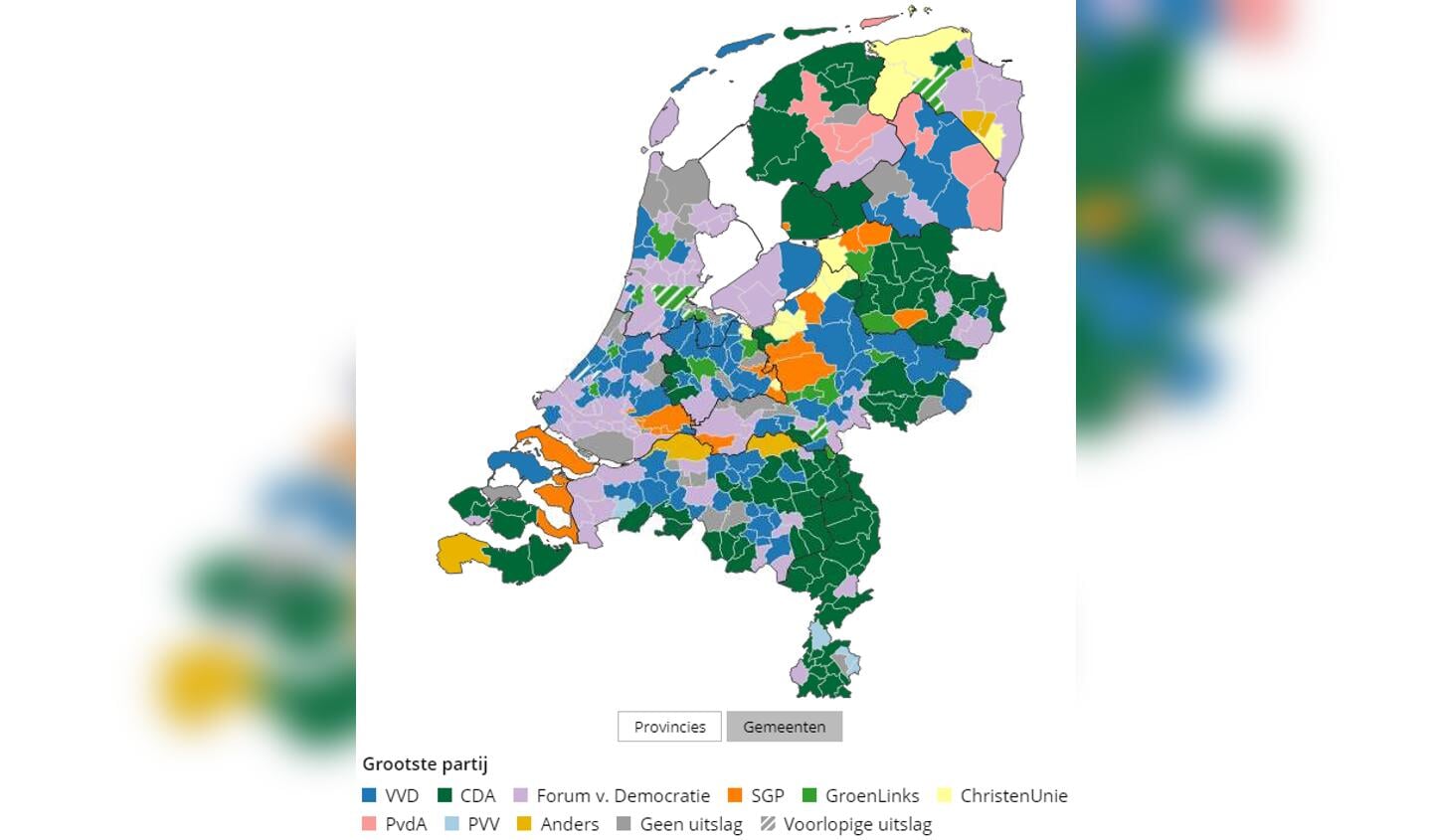 Voorlopige uitslagen Statenverkiezingen 2019 in heel Nederland. (Kaart: ANP)