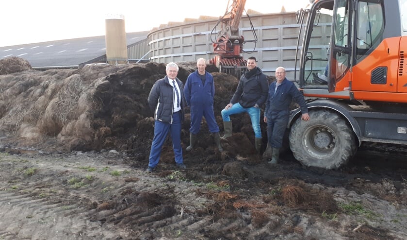 Wethouder Jan Houtenbos (links) op bezoek bij veehouder Nico van Assem in Burgerbrug. Hier is de eerste Bokashi geoogst en meteen verwerkt.
