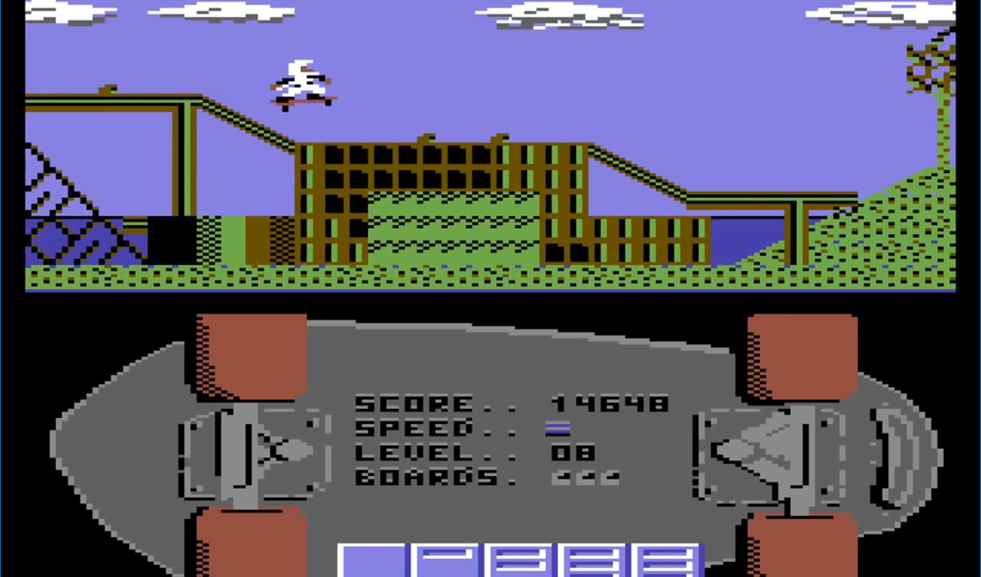 Screenshot van het spel Rollerboard, dat Joost Honig in 1987 maakte voor de Commodore 64