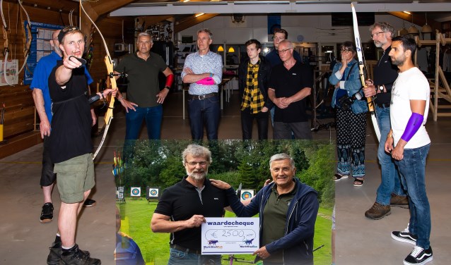 Voor en na het uitreiken van de cheque, door Michel Meijer aan Ron Rijser, was er volop gelegenheid voor de aanwezigen om de boog ter hand te nemen. Onder hen Jan Cor de Boer en Aram Bakr van Spurd.