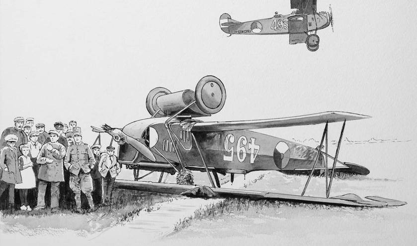 Een illustratie gemaakt door Thijs Postma van een Fokker C.1, verkenner van het Nederlandse leger in de jaren '20.