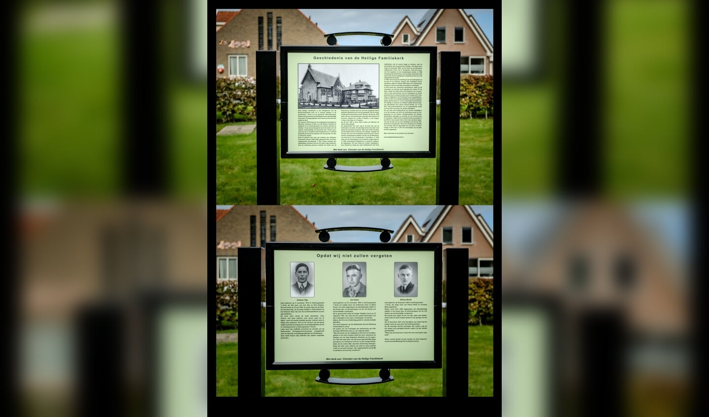 Een collage van het informatiebord, met boven de zijde met de historie van de kerk en onder de zijde waarop de oorlogsslachtoffers geëerd worden.