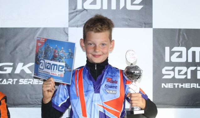 karter Dylan Visser uit Assendelft die zondag in Emmen derde werd in de eindstand van het NK in de Mini Parilla-klasse.