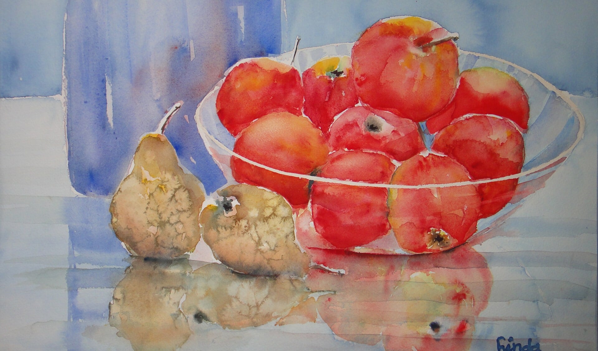 Een fruitschaal, geschilderd door Linda Mulder. 