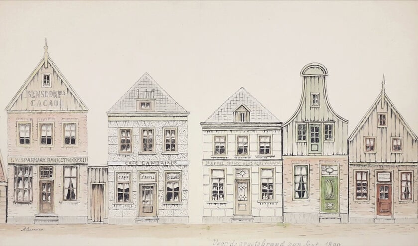 'De Rechtestraat voor de grote brand in 1899' vervaardigd door Arie Spaarman
