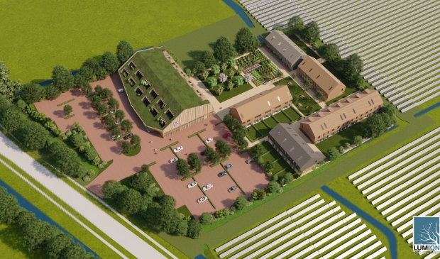 Het nieuwe gebied vanuit de lucht met de huidige zonneweides er omheen.
