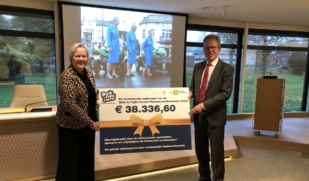 <p>De burgemeesters Karen Heerschop en Don Bijl tonen met trots het eindbedrag.</p>