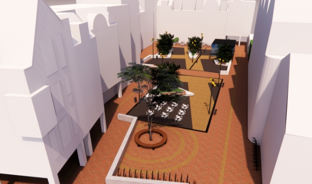 <p>Art-impressie gezien vanaf de Dorpsstraat, met twee terrassen en ruimte voor kinderen.</p>