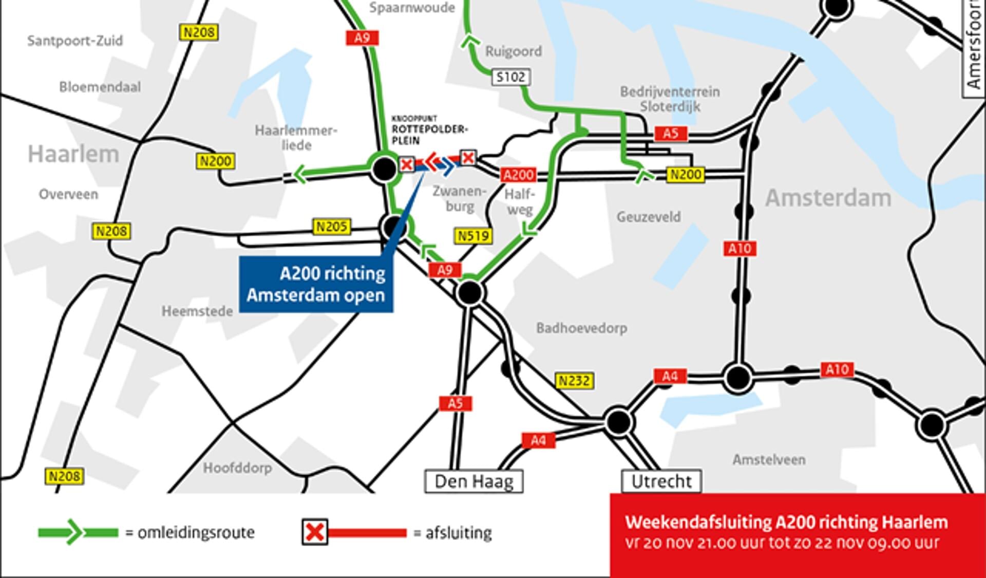 De A200 is dit weekend richting Haarlem afgesloten.