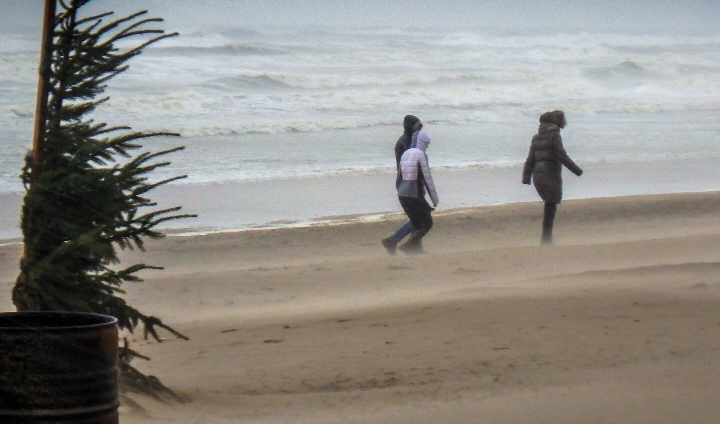 Met de wind in de rug over het strand.