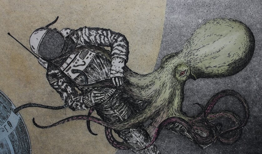 Peter Homan, Ruimtewandeling (ets), aquatint.