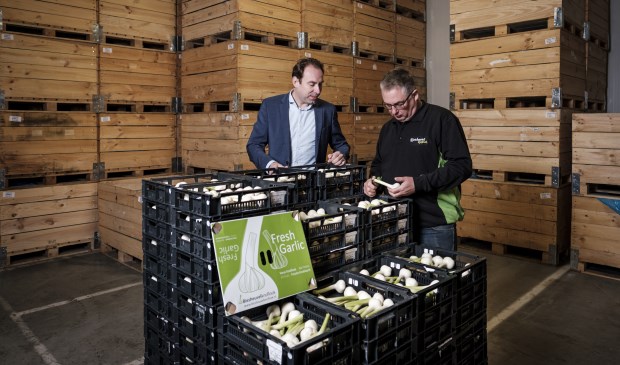Kijkje bij Biesheuvel. Het is de bedoeling dat knoflookafval wordt verzameld, Muntjewerf het composteert en Teeuwen en Zonen het over zijn bollenland uitrijdt.