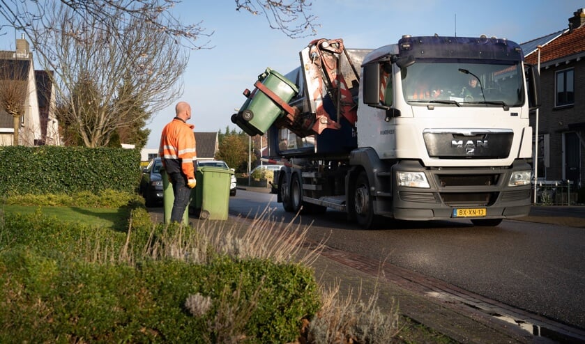 Voorbeeld van een huisvuilwagen met zijlader.