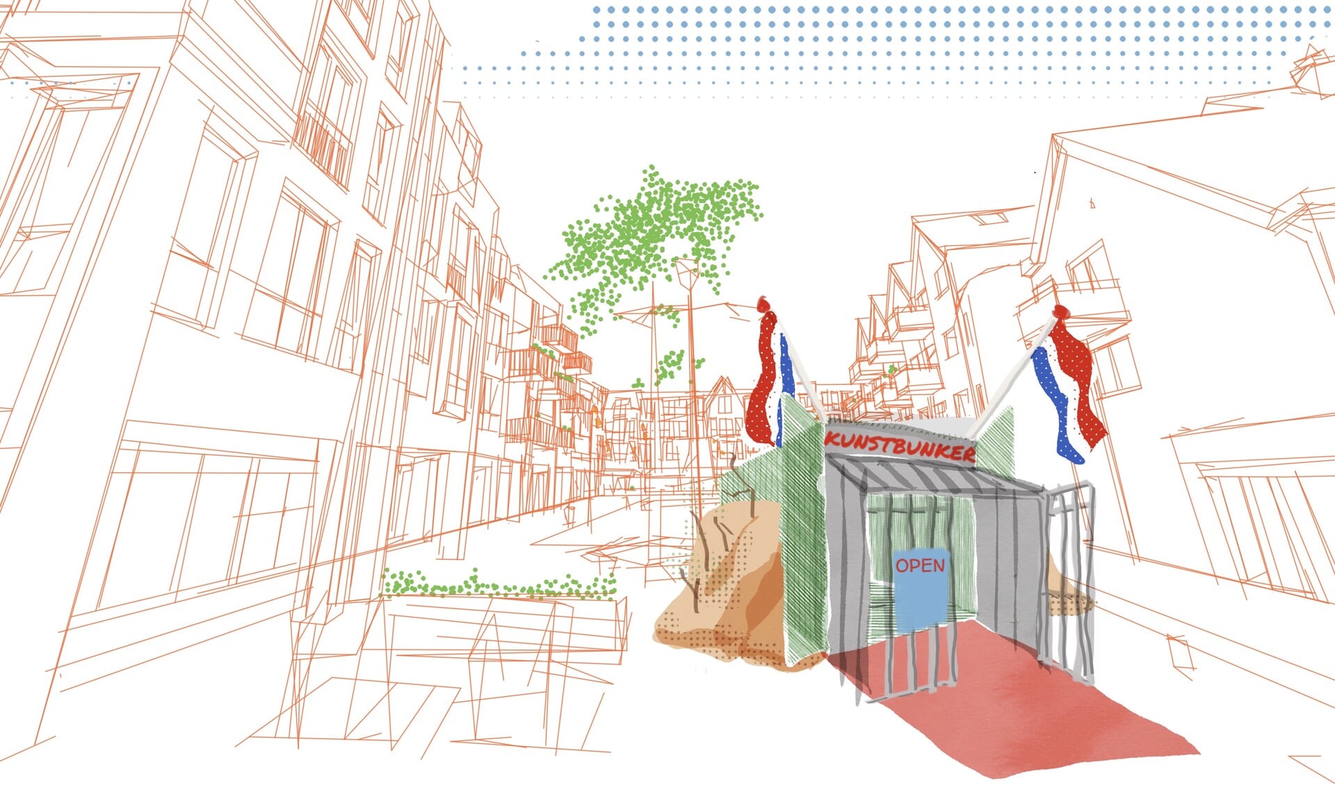 Tekening van de Pop-up Kunstbunker in het centrum van Castricum.