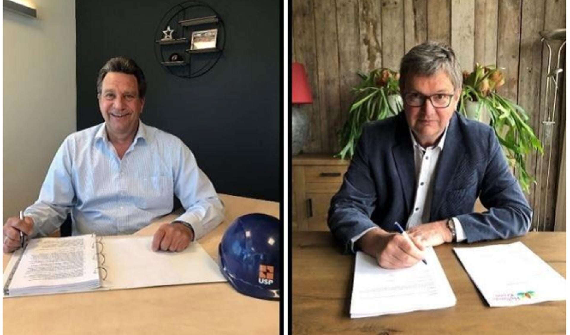 Frank Nannings, directeur van USP Vastgoed, en Theo Groot, wethouder van gemeente Hollands Kroon tekenen de contracten.
