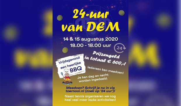 De flyer van het open 24 uurs tennistoernooi van LTC DEM.