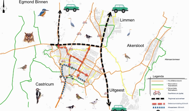 <p>Overzicht van het leefbare alternatief, gebruikmakend van de bestaande infrastructuur. Regionale routes, ontsluitingsroutes, 30 km/h zones en autoknips. </p>
