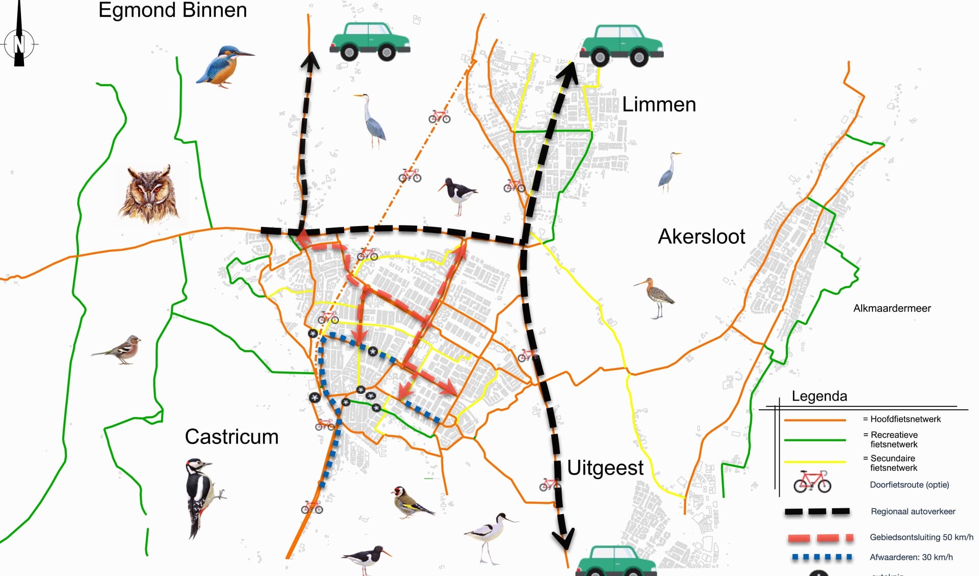 Overzicht van het leefbare alternatief, gebruikmakend van de bestaande infrastructuur. Regionale routes, ontsluitingsroutes, 30 km/h zones en autoknips. 