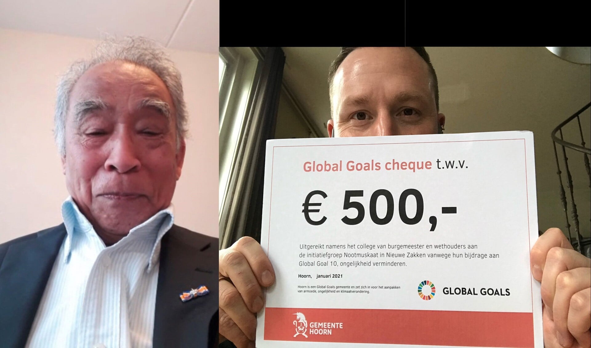 Links de heer Palyama van Initiatiefgroep Nootmuskaat in Nieuwe Zakken en rechts wethouder Bashara met de Global Goals-cheque.