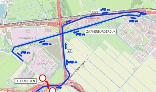 <p>De omleidingsroute, in blauw aangegeven.</p>