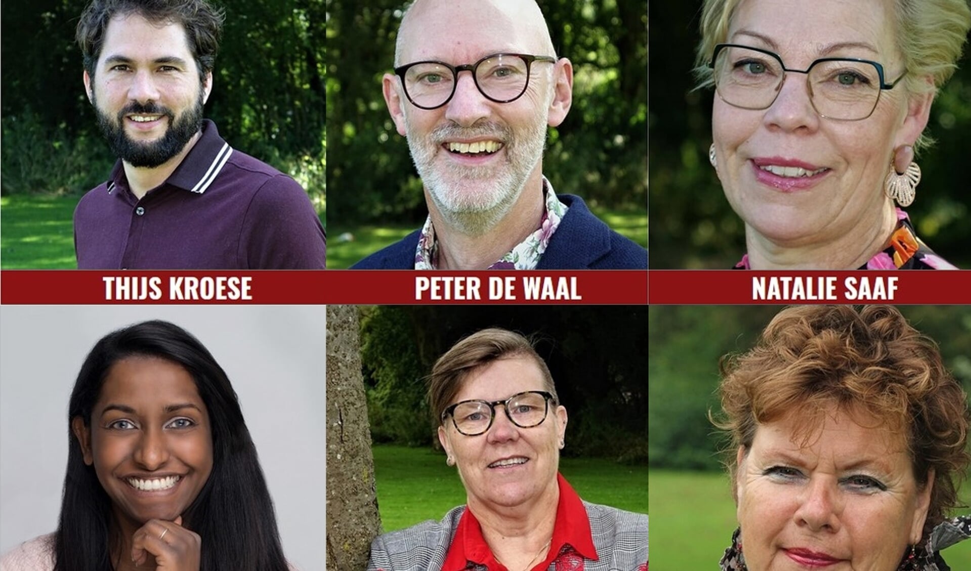 De top 6 van de PvdA-lijst. Boven van links naar rechts: Thijs Kroese, Peter de Waal en Natalie Saaf. Onder v.l.n.r. Sandra van Dam, Marlies Vermeulen en Els van Loenen., 