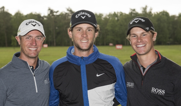 De Belgische Tour-spelers Nicolas Colsaerts, Thomas Pieters en Thomas Detry zijn gelukkig met de terugkeer van de DP World Tour in België. (Foto’s Golfsupport.nl) 