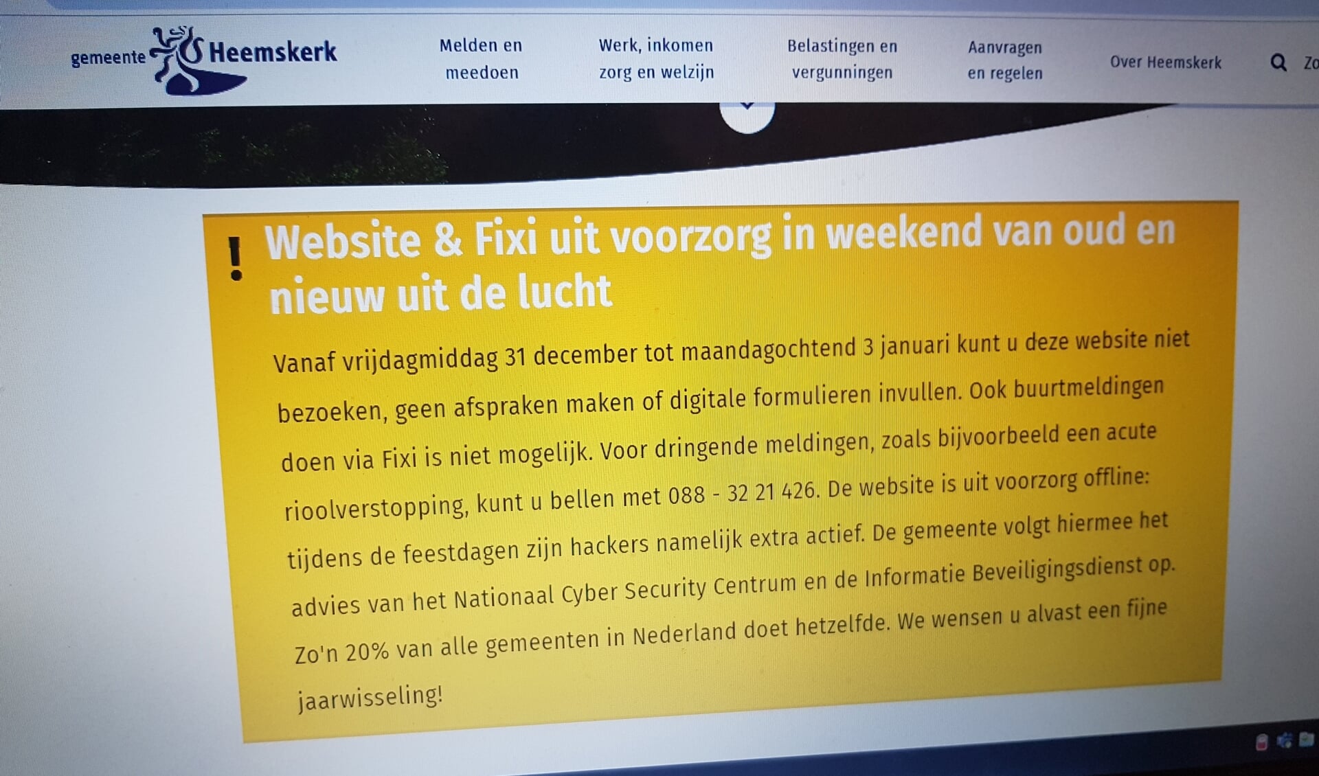 De website van de gemeente Heemskerk gaat met oud en nieuw uit de lucht.