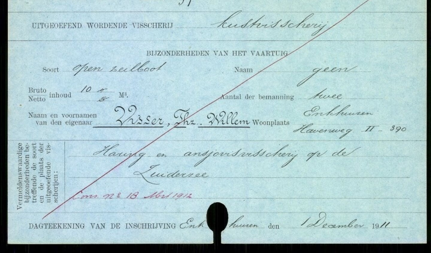 Registratiekaart uit 1911 van het scheepje de EH 97 van Willem Visser uit Enkhuizen.