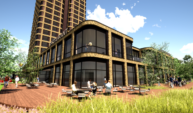 <p>Nieuw ontwerp van het beoogde hotel.</p>