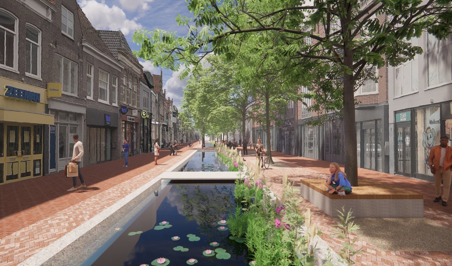 Visual van de herinrichtingsplannen voor De Laat West, model 1 (water), voetgangersgebied.