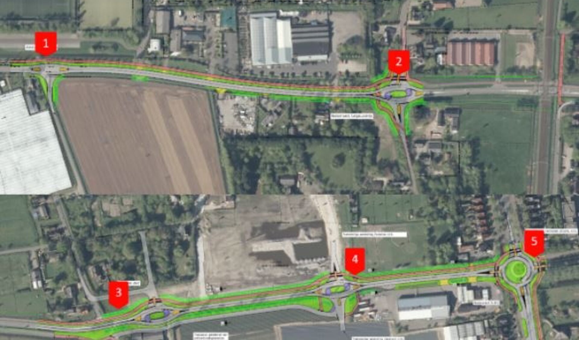 De reconstructie van de Vennewatersweg. Boven de kruispunten met de Lijnbaan (1) en de rotonder voor de Westerweg (2), beneden de aansluiting op de Hoogeweg (3) en de Haagbeuk (4) en de rotonde bij de Kennemerstraatweg (5).
