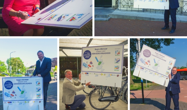 <p pstyle="PLAT">Wethouders Verkeer en vervoer: Erik Bekkering (Bergen), Cecilia van Weel-Niesten (Uitgeest), Paul Slettenhaar (Castricum), Rob Opdam (Heiloo) en gedeputeerde Mobiliteit en Bereikbaarheid, Jeroen Olthof tekenen voor verkeersveiligheid.</p>